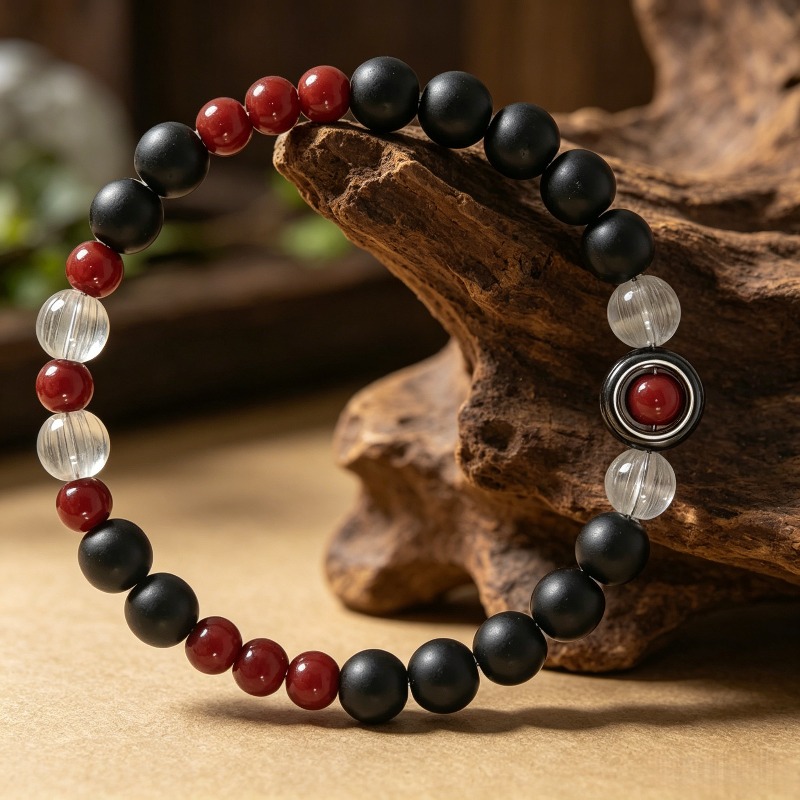 Matte Black Bead and Red Brushed White Bracelet, Unisex Design